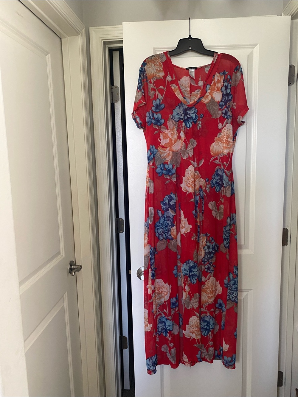 Fashion Nova Red Floral Maxi Tunic with Blue & Cream Blooms